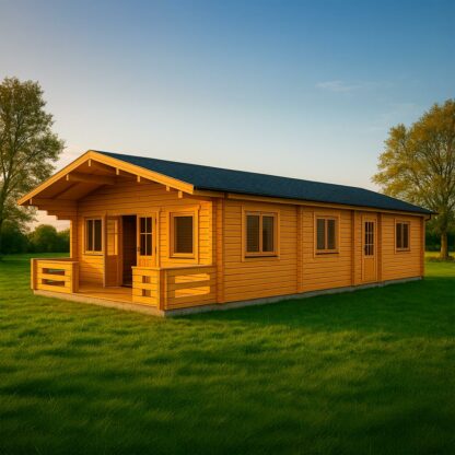 a wooden house in a grassy field