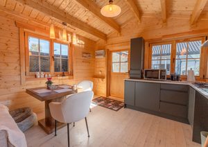 Kitchen in one bed log cabin